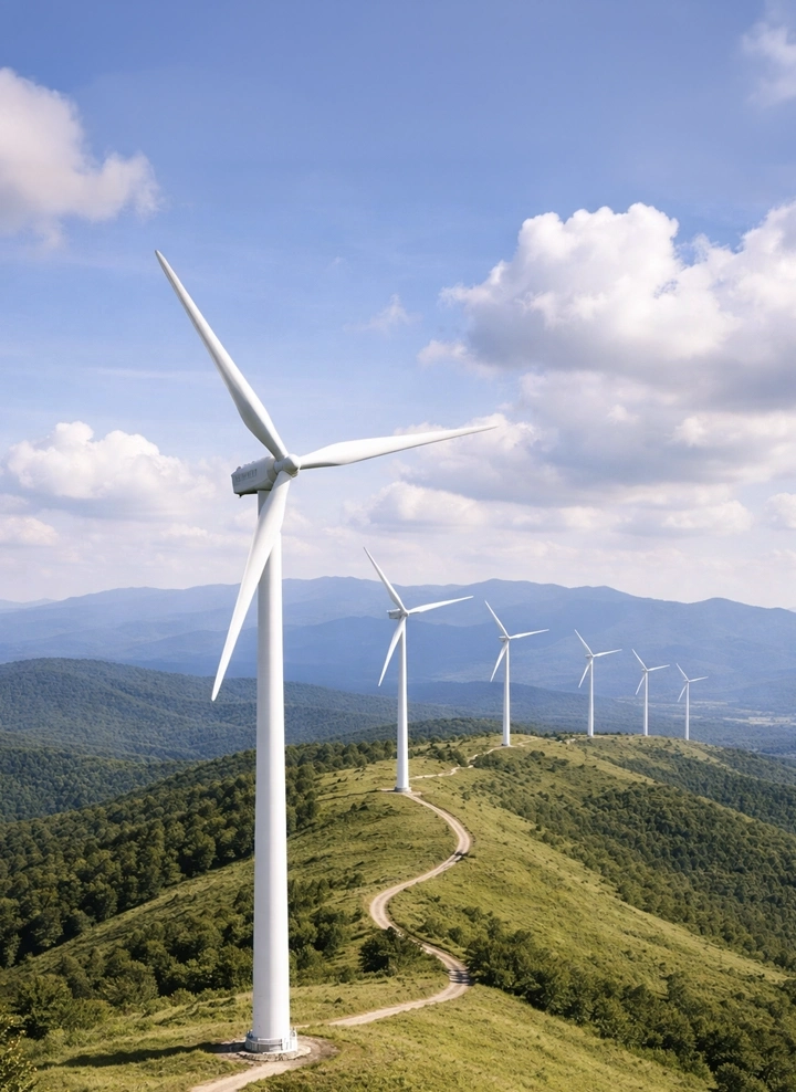 wind turbines on green hills